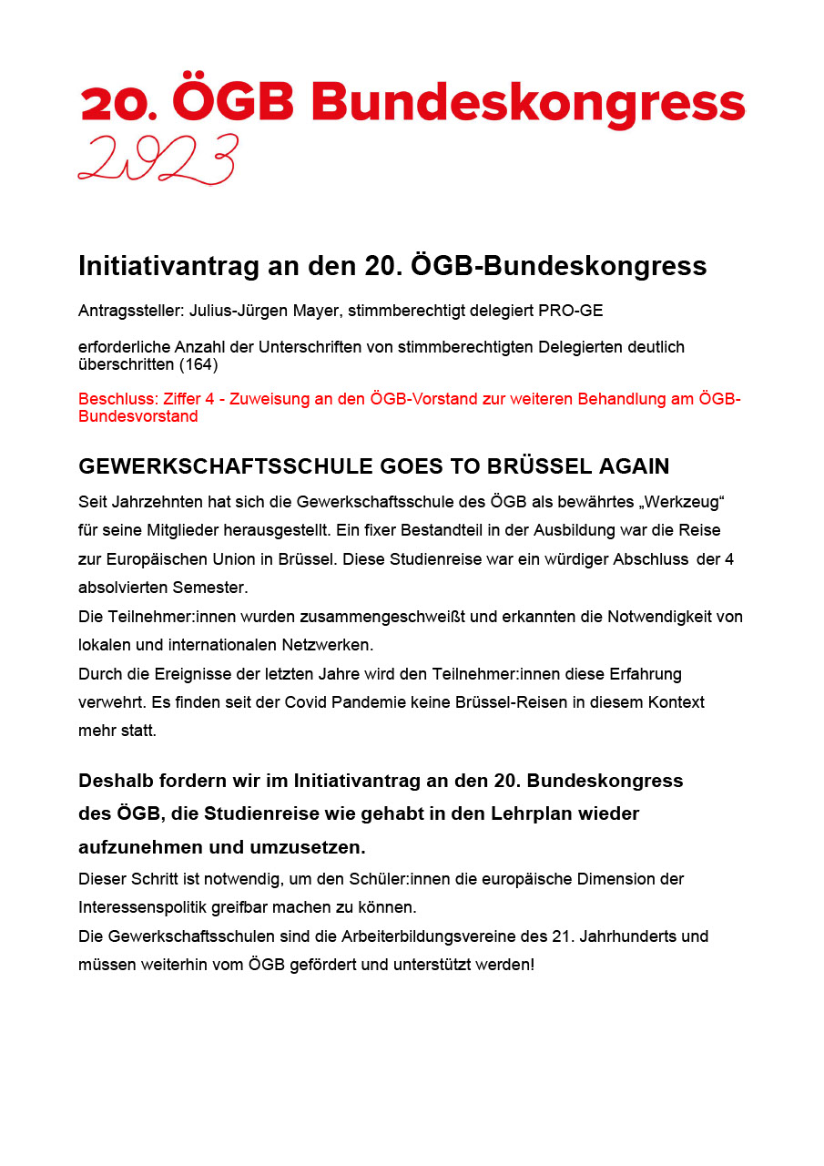 Initiativantrag "Gewerkschaftsschule goes to Brüssel again"